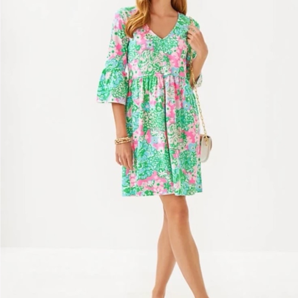 Lilly Pulitzer Green and Pink Floral Midi Dress